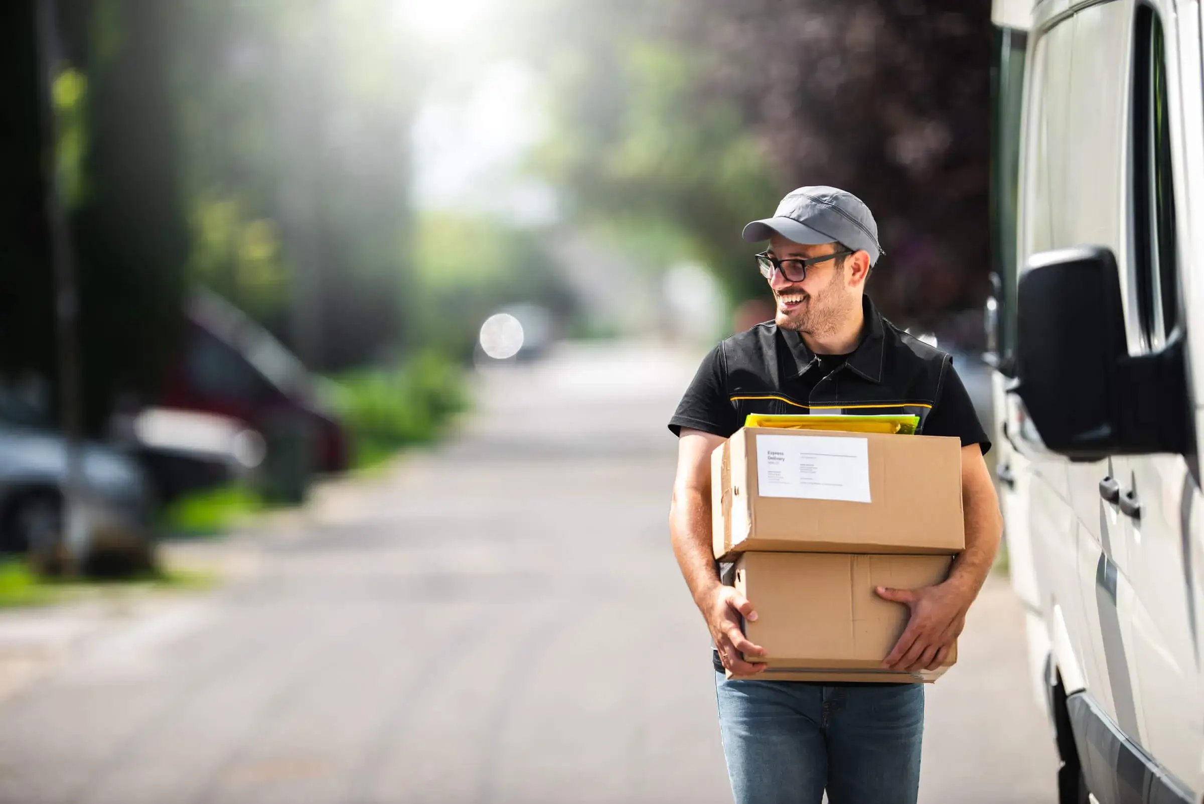 man taking boxed up items to his self drive van hire