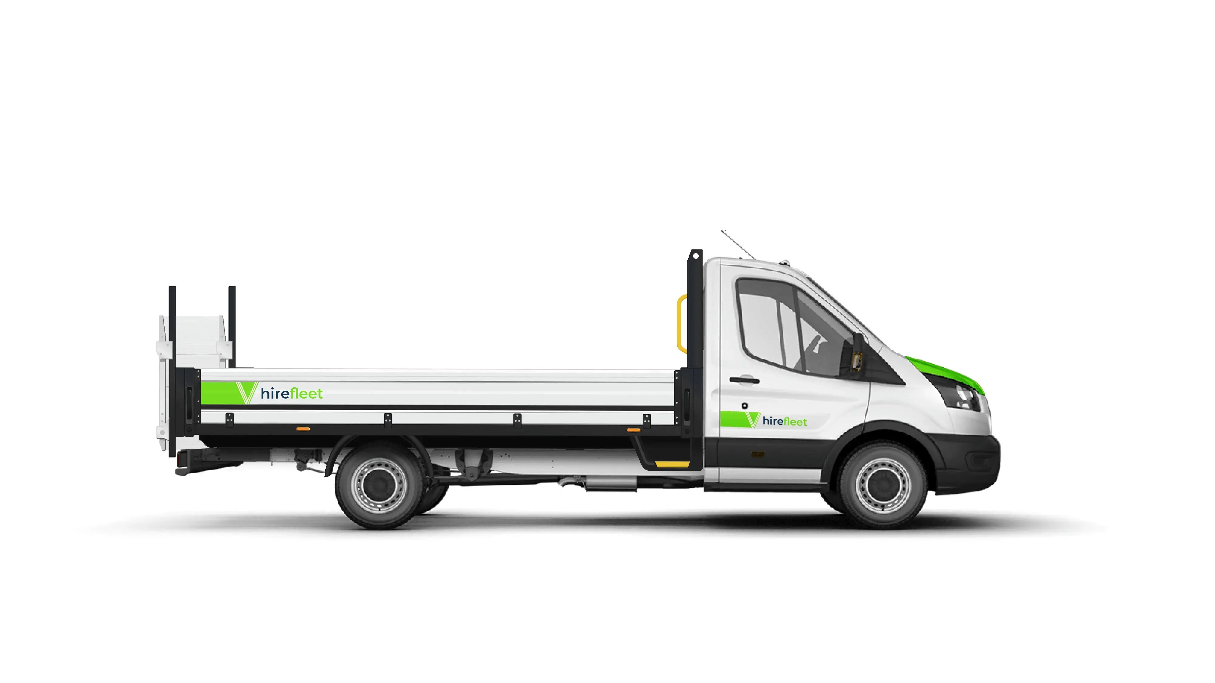 hirefleet dropside tail lift van hire side view of extra long wheel base ford transit