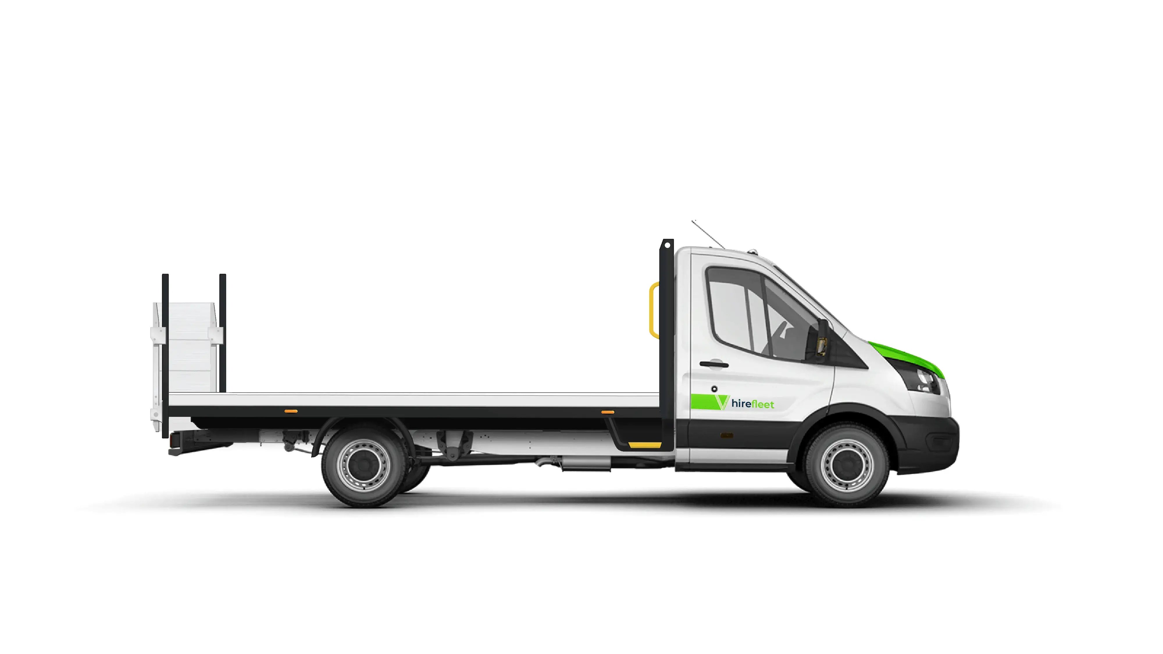 hirefleet flatbed van hire with tail lifts side view of flatbed van